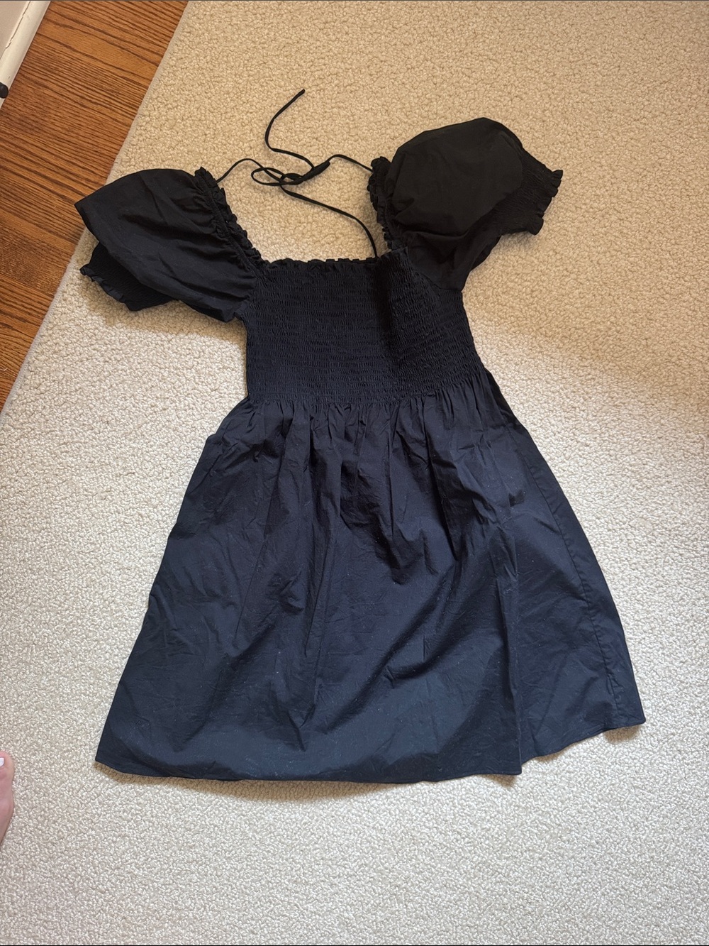 Hill House Black Puff-Sleeve Smocked Mini Dress